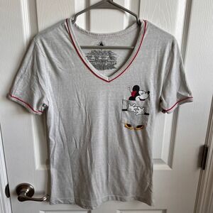 Disney Minnie Mouse Pocket V-Neck T-Shirt Graphic Tee‎ Red Trim Size S